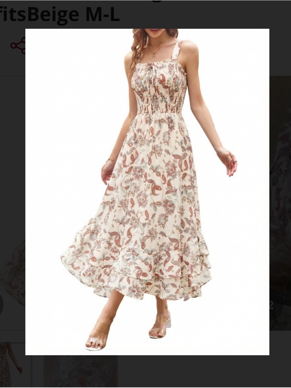 Grace Karin Beige Floral Maxi Dress with Smocked Bodice